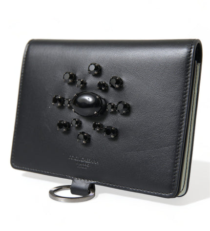 Dolce & Gabbana Elegant Black Leather Crystal Card Holder Wallet