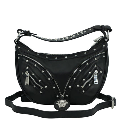 Versace Elegant Black Leather Hobo Shoulder Bag