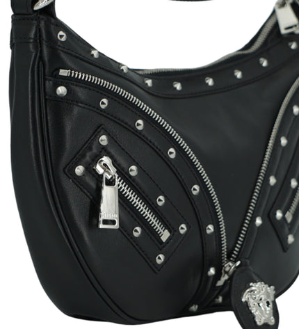 Versace Elegant Black Leather Hobo Shoulder Bag