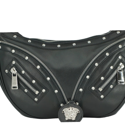 Versace Elegant Black Leather Hobo Shoulder Bag