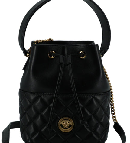 Versace Elegant Black Leather Bucket Shoulder Bag