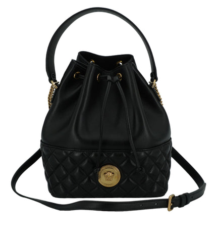 Versace Elegant Black Leather Medusa Bucket Shoulder Bag