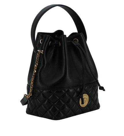 Versace Elegant Black Leather Medusa Bucket Shoulder Bag