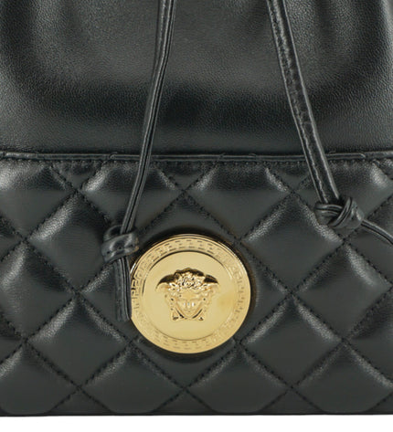 Versace Elegant Black Leather Medusa Bucket Shoulder Bag