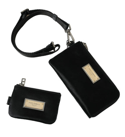 Dolce & Gabbana Elegant Black Nylon Leather Pouch with Silver Details