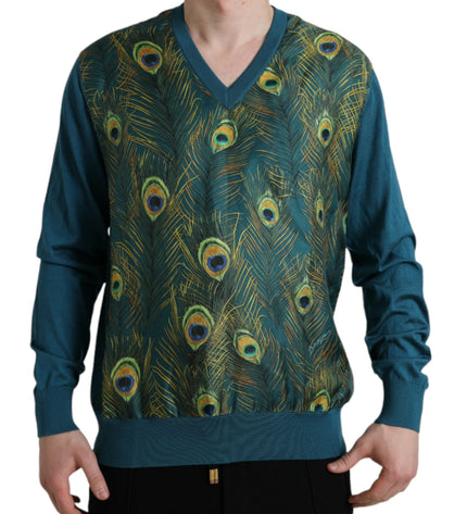 Dolce & Gabbana Silk V-Neck Peacock Feather Sweater