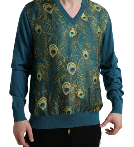 Dolce & Gabbana Silk V-Neck Peacock Feather Sweater