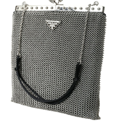 Prada Elegant Silver Mesh Shoulder Evening Bag