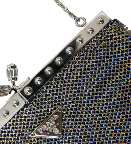 Prada Elegant Silver Mesh Shoulder Evening Bag