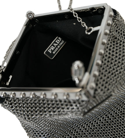 Prada Elegant Silver Mesh Shoulder Evening Bag