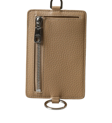 Dolce & Gabbana Beige Calf Leather Lanyard Logo Card Holder Wallet