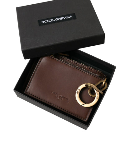 Dolce & Gabbana Brown Leather Zip Logo Keyring Coin Purse Keyring Wallet