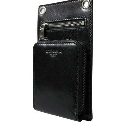 Dolce & Gabbana Black Calf Leather Zip Logo Shoulder Neck Strap Wallet