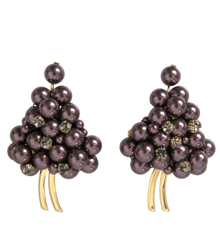 Dolce & Gabbana Purple Grape Pearl Sicily Gold Brass Floral Clip On Earrings