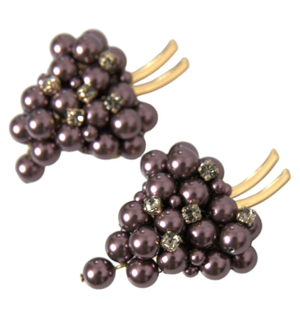 Dolce & Gabbana Purple Grape Pearl Sicily Gold Brass Floral Clip On Earrings