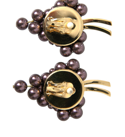 Dolce & Gabbana Purple Grape Pearl Sicily Gold Brass Floral Clip On Earrings