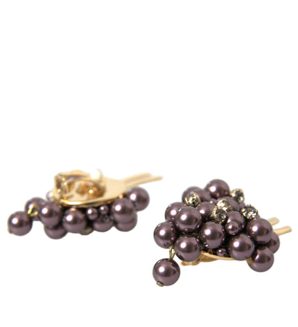 Dolce & Gabbana Purple Grape Pearl Sicily Gold Brass Floral Clip On Earrings