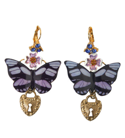 Dolce & Gabbana Gold Purple Crystal Butterfly Heart Locket Earrings