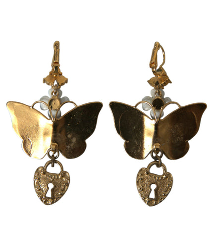 Dolce & Gabbana Gold Purple Crystal Butterfly Heart Locket Earrings