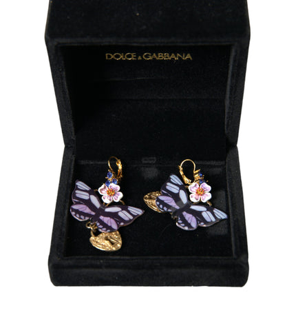 Dolce & Gabbana Gold Purple Crystal Butterfly Heart Locket Earrings