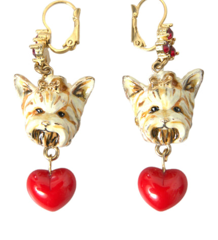 Dolce & Gabbana Gold Brass Heart Dog Red Crystal Dangling Earrings