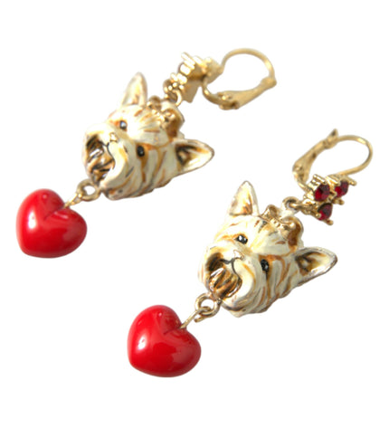 Dolce & Gabbana Gold Brass Heart Dog Red Crystal Dangling Earrings