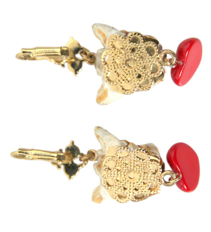 Dolce & Gabbana Gold Brass Heart Dog Red Crystal Dangling Earrings