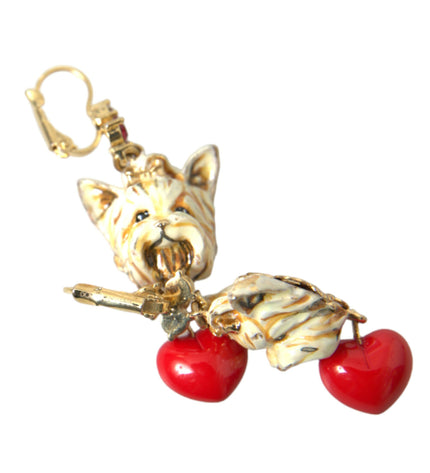 Dolce & Gabbana Gold Brass Heart Dog Red Crystal Dangling Earrings