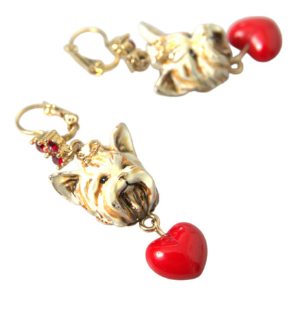 Dolce & Gabbana Gold Brass Heart Dog Red Crystal Dangling Earrings