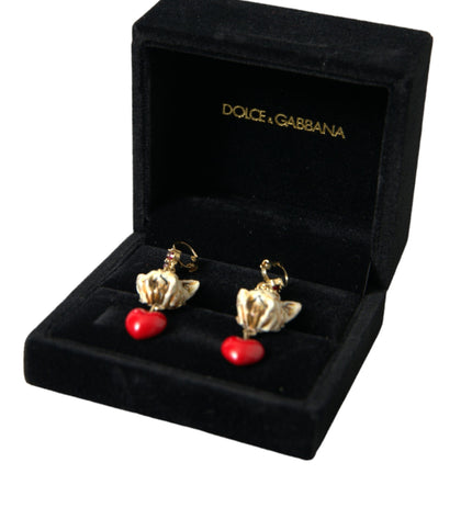 Dolce & Gabbana Gold Brass Heart Dog Red Crystal Dangling Earrings