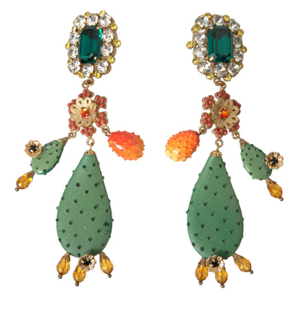 Dolce & Gabbana Green Cactus Crystal Clip On Jewelry Dangling Earrings