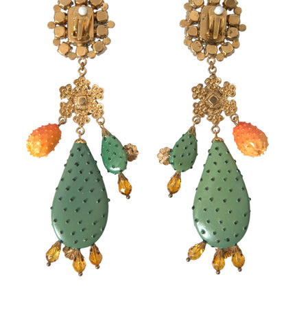 Dolce & Gabbana Green Cactus Crystal Clip On Jewelry Dangling Earrings