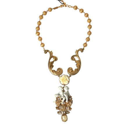 Dolce & Gabbana Gold Brass Angel Floral Beaded Embellished Necklace