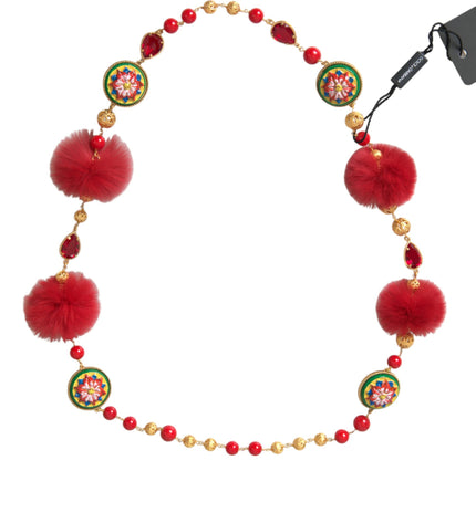 Dolce & Gabbana Gold Brass Red Fur Crystal Carretto Chain Necklace