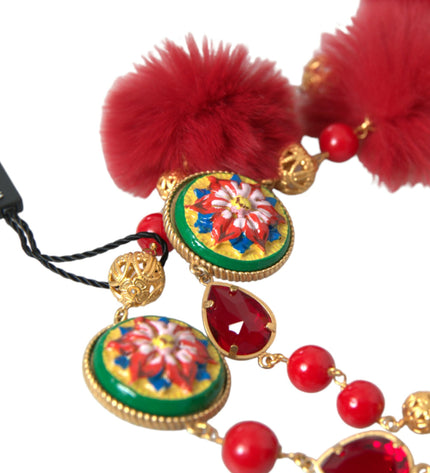 Dolce & Gabbana Gold Brass Red Fur Crystal Carretto Chain Necklace