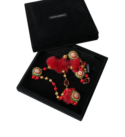 Dolce & Gabbana Gold Brass Red Fur Crystal Carretto Chain Necklace