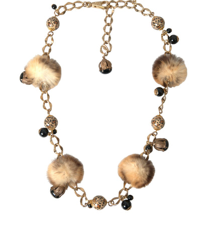 Dolce & Gabbana Gold Brass Leopard Fur Pearl Collier Chain Belt