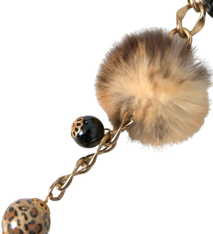 Dolce & Gabbana Gold Brass Leopard Fur Pearl Collier Chain Belt