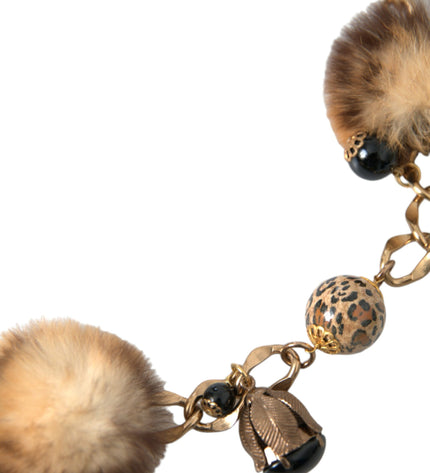 Dolce & Gabbana Gold Brass Leopard Fur Pearl Collier Chain Belt