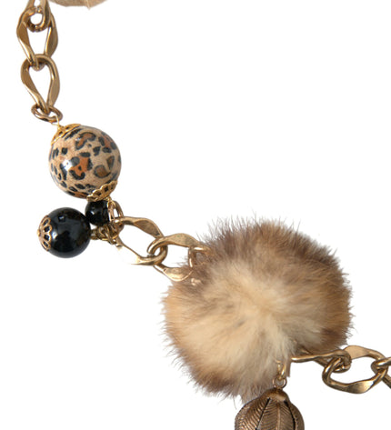 Dolce & Gabbana Gold Brass Leopard Fur Pearl Collier Chain Belt