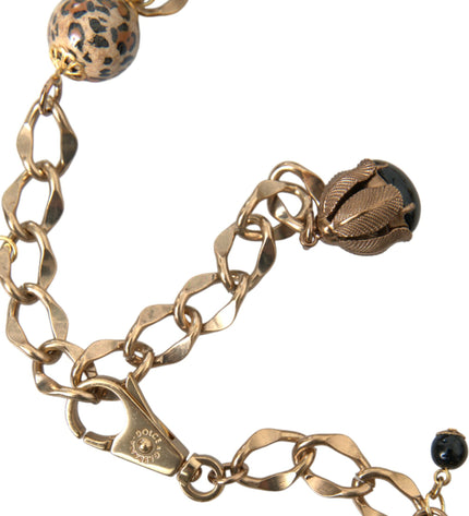 Dolce &amp; Gabbana Altın Pirinç Leopar Kürk İnci Collier Zincir Kemer