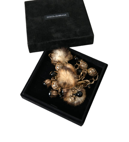 Dolce & Gabbana Gold Brass Leopard Fur Pearl Collier Chain Belt