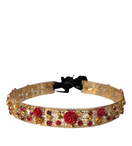 Dolce & Gabbana Gold Brass Red Roses Crystal Jewel Waist Belt