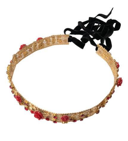 Dolce & Gabbana Gold Brass Red Roses Crystal Jewel Waist Belt