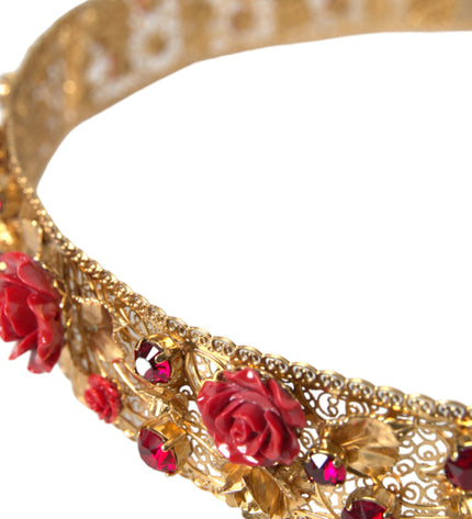 Dolce & Gabbana Gold Brass Red Roses Crystal Jewel Waist Belt