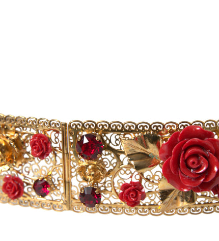 Dolce & Gabbana Gold Brass Red Roses Crystal Jewel Waist Belt