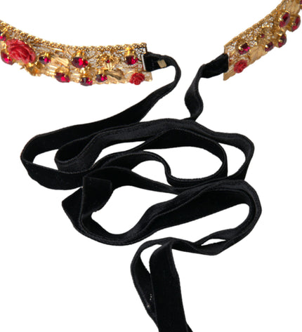 Dolce & Gabbana Gold Brass Red Roses Crystal Jewel Waist Belt