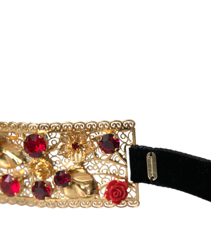 Dolce & Gabbana Gold Brass Red Roses Crystal Jewel Waist Belt