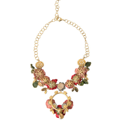 Dolce & Gabbana Gold Brass Link Chain Rose Petal Crystal Pendant Necklace