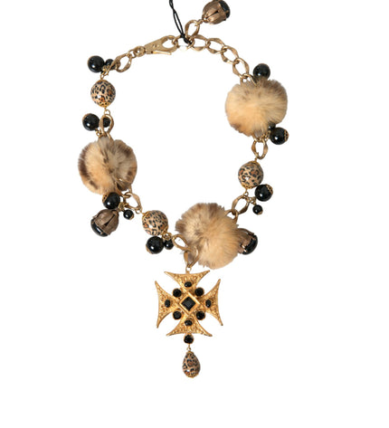 Dolce & Gabbana Gold Black Crystals Lapin Fur Filigree Chocker Necklace